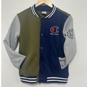 Champion Kids Colorblock Varsity Jacket Navy Green Grey Fleece Snap Size M 10/12